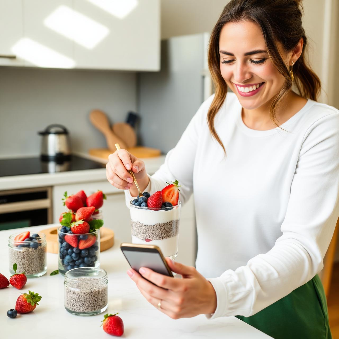 A woman preparing a chia dessert in a bright modern kitchen